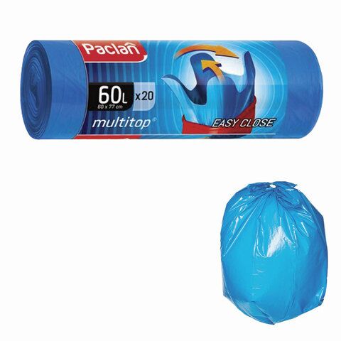 Мешки для мусора 60 л, с ушками, синие, в рулоне 20 шт., ПНД, 14 мкм, 60х77 см, PACLAN Multitop, 402092