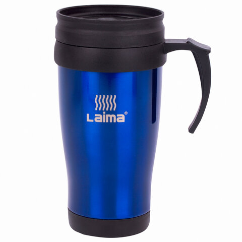 Термокружка LAIMA, 400 мл, нержавеющая сталь, пластиковая ручка, синяя, 605128