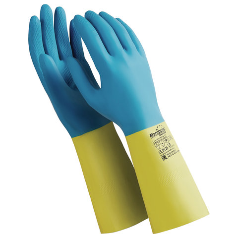 Перчатки латексно-неопреновые MANIPULA Союз, хлопчатобумажное напыление, размер 10-10,5 (XL), синие/желтые, LN-F-05