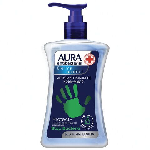 Мыло-крем антибактериальное 250 мл AURA DERMA PROTECT Чайное дерево и тимьян, дозатор, 9962