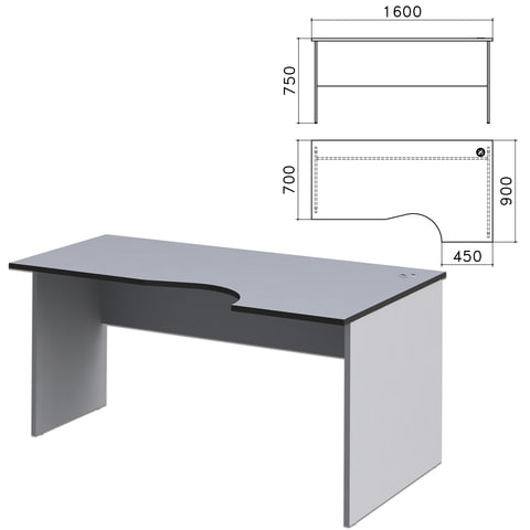 Стол письменный эргономичный Монолит, 1600х900х750 мм, правый, цвет серый, СМ6.11