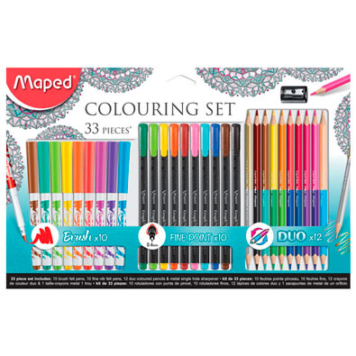 Набор для творчества MAPED Colouring Set, 10 фломастеров, 10 капиллярных ручек, 12 двусторонних цветных карандашей, точилка, 897417