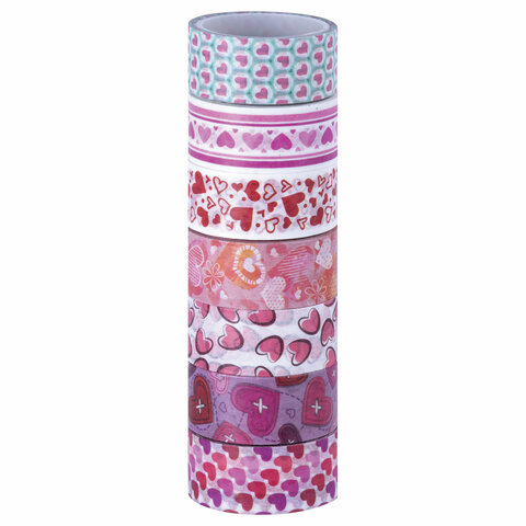 Клейкие WASHI-ленты для декора СЕРДЦА, 15 мм х 3 м, 7 цветов, рисовая бумага, ОСТРОВ СОКРОВИЩ, 661708