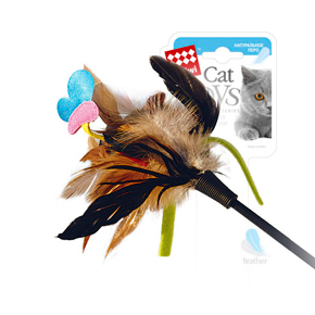 Игрушка для кошек Дразнилка на стеке с бабочкой/пластик, перо куриное, ткань