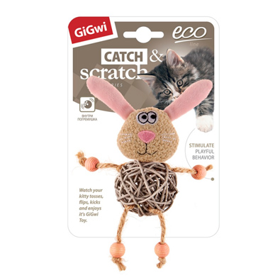 Игрушка для кошек Заяц с плетеным мячиком с колокольчиком