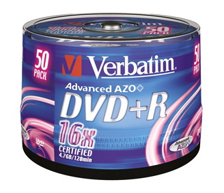 Носители информации DVD+R, 16x, Verbatim Azo Matt Silver, Cake/50, 43550