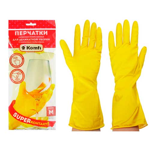 Перчатки хозяйственные латексные "Для деликатной уборки"с х/б напылением M желтые Komfi
