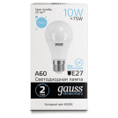Лампа светодиодная GAUSS, 10(75)Вт, цоколь Е27, груша, холодный белый, 25000 ч, LED A60-10W-6500-E27, 23230