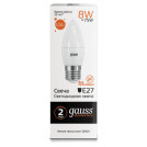 Лампа светодиодная GAUSS, 8(75)Вт, цоколь Е27, свеча, теплый белый, 25000 ч, LED B37-8W-3000-E27, 33218