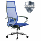 Кресло офисное МЕТТА К-7 хром, прочная сетка, сиденье и спинка регулируемые, голубое