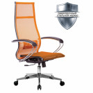 Кресло офисное МЕТТА К-7 хром, прочная сетка, сиденье и спинка регулируемые, оранжевое.