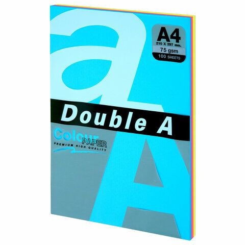 Бумага цветная DOUBLE A, А4 75г 100л 5цв x 20л микс неон