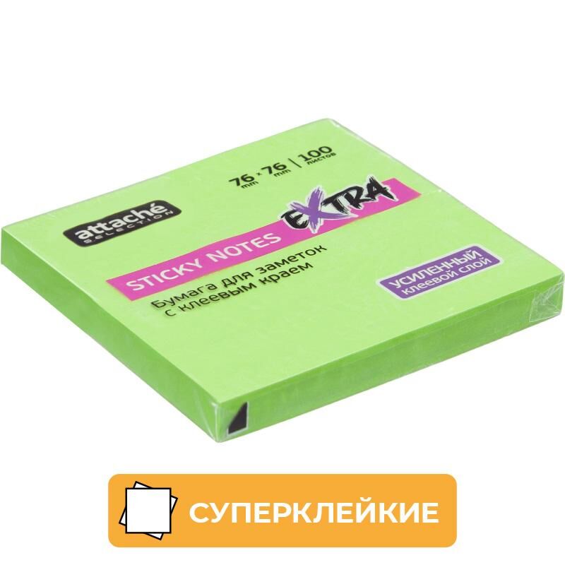 Стикеры Attache Selection Extra 76х76 мм неоновые зеленые (1 блок, 100 листов)