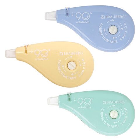 Корректирующая лента 5ммх12м BRAUBERG PASTEL вращающийся наконечник 90°, ВЫГОДНАЯ УПАКОВКА 3 штуки в блистере,механизм перемотки,272489
