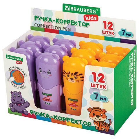 Ручка-корректор 7мл BRAUBERG KIDS "ЗВЕРЯТА", металлический наконечник, корпус ассорти, 272493