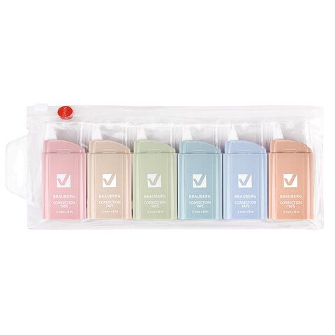 Корректирующая лента 5ммх6м BRAUBERG COMPACT PASTEL КОМПЛЕКТ 6 штук, пенал с zip-lock, 272496