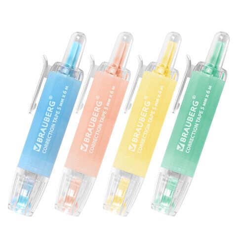 Корректирующая лента 5ммх6м BRAUBERG PASTEL 360, ассорти, автоматическая, блистер, 272662