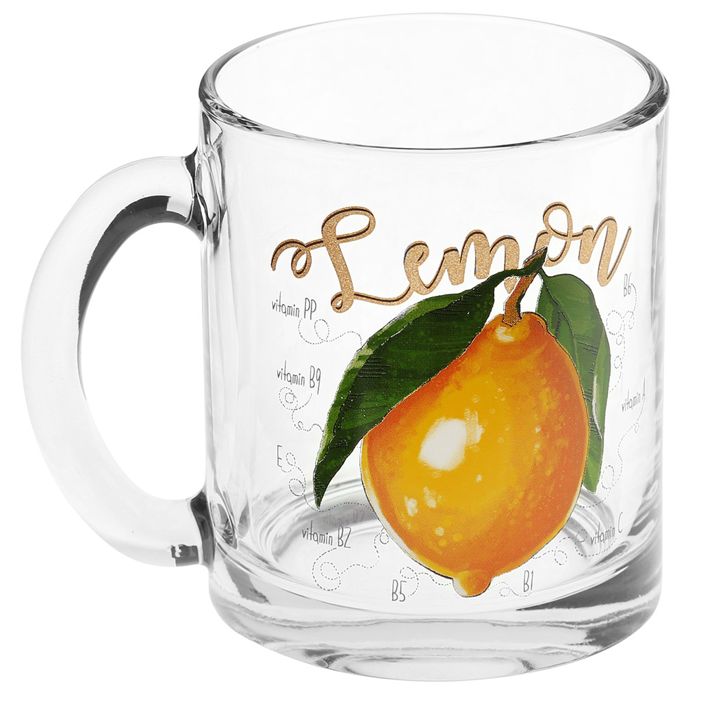 Кружка стеклянная "Полезная лимон" 300мл, д8см, h9,5см, форма "Чайная" (Россия)
