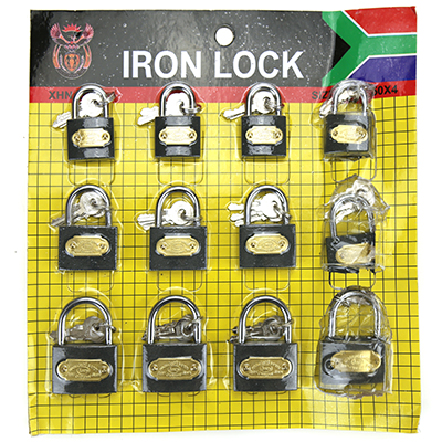 Замок навесной, стальной "Iron lock" набор 12 штук: 32мм-4 шт 30х49х13мм, 38мм-4 шт, 37х55х13мм, 40мм-4 шт, 42х62х14мм, окрашенный, автоматическое закрывание, 3 ключа, на картоне (Китай)