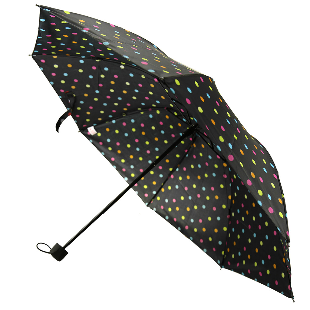 Зонт механический "Горошек" плащевка, 8 лучей, д/купола 94см, 3 сложения, 24см в сложенном виде, пластмассовая ручка, цветной на черном, 255гр (Китай)