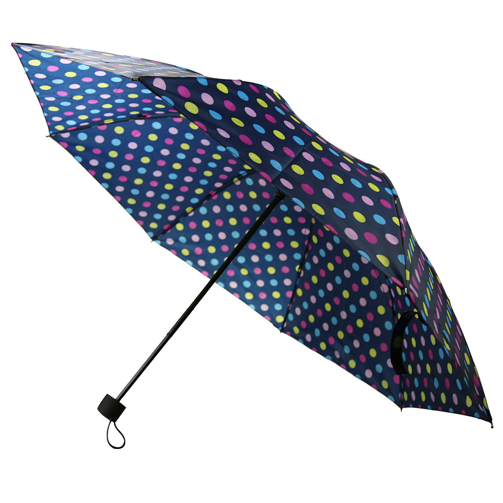 Зонт механический "Горошек" плащевка, 8 лучей, д/купола 94см, 3 сложения, 24см в сложенном виде, пластмассовая ручка, цветной на синем, 255гр (Китай)