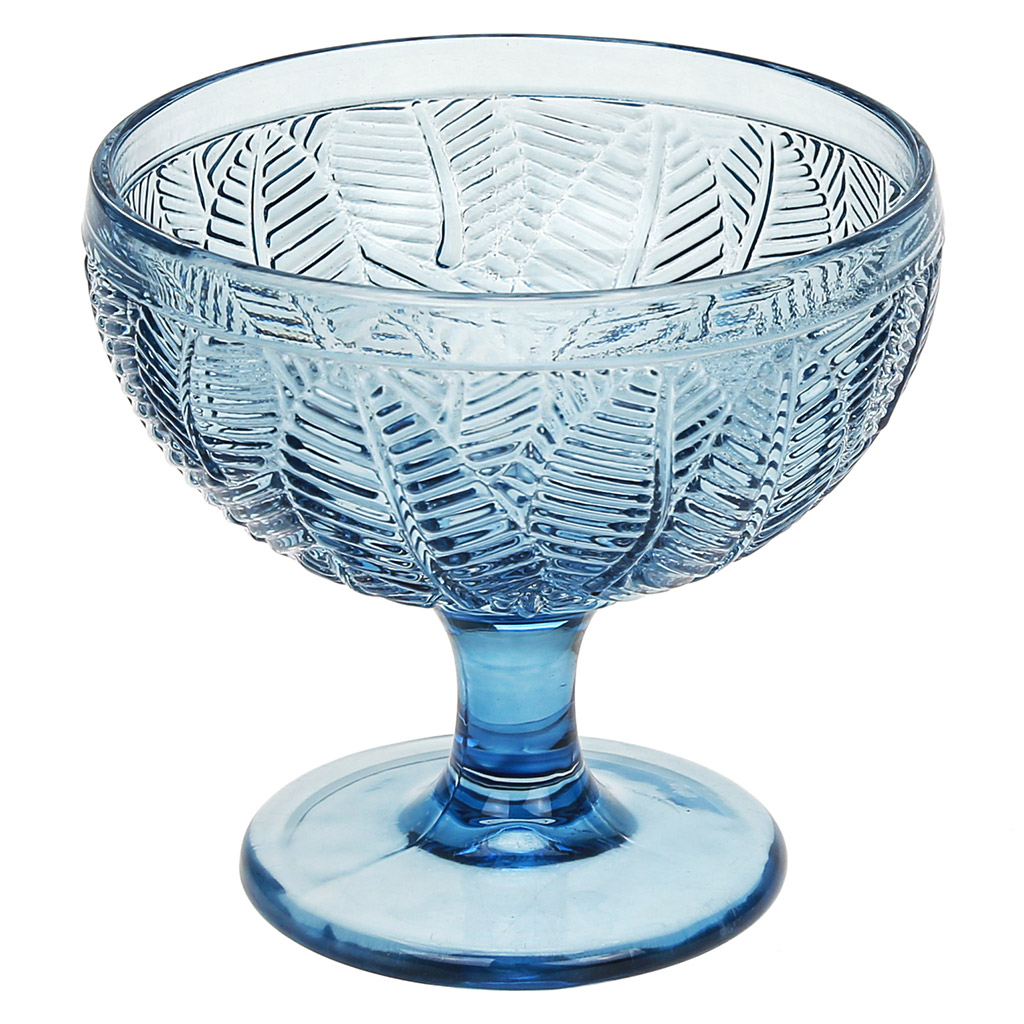 Креманка стеклянная 360мл, д11,5см h10,8см, рельефное, цветное стекло, цвет - синий "Листья"