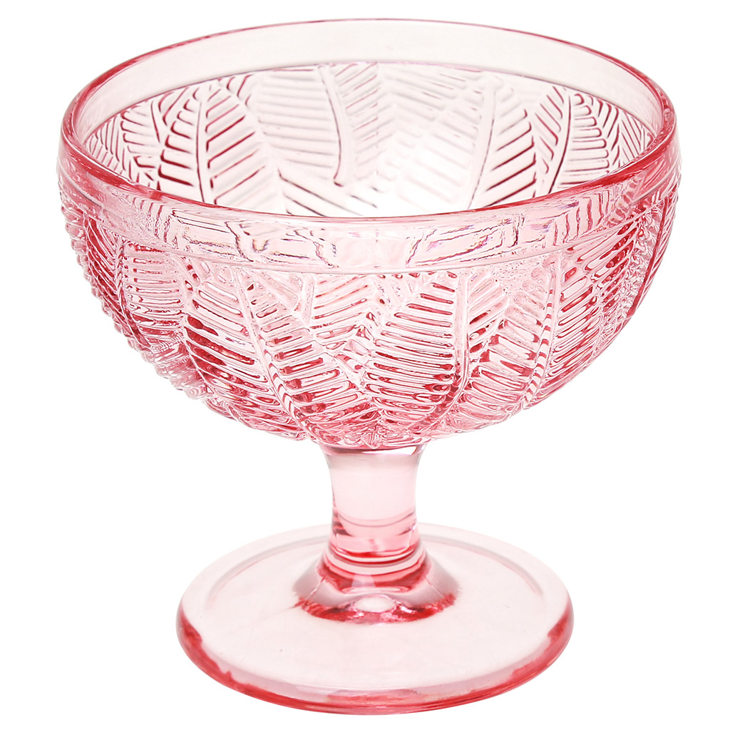 Креманка стеклянная 360мл, д11,5см h10,8см, рельефное, цветное стекло, цвет - розовый "Листья"