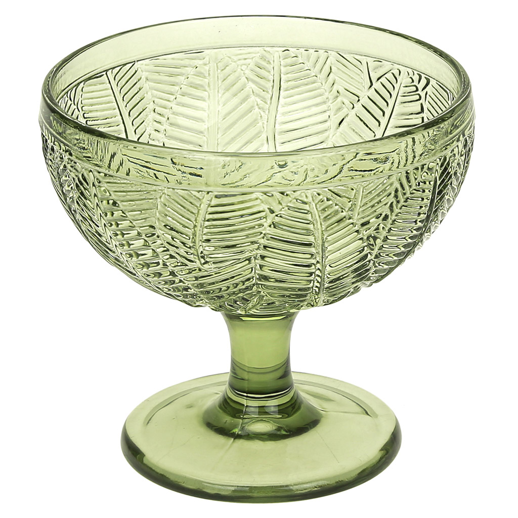 Креманка стеклянная 360мл, д11,5см h10,8см, рельефное, цветное стекло, цвет - зеленый "Листья"