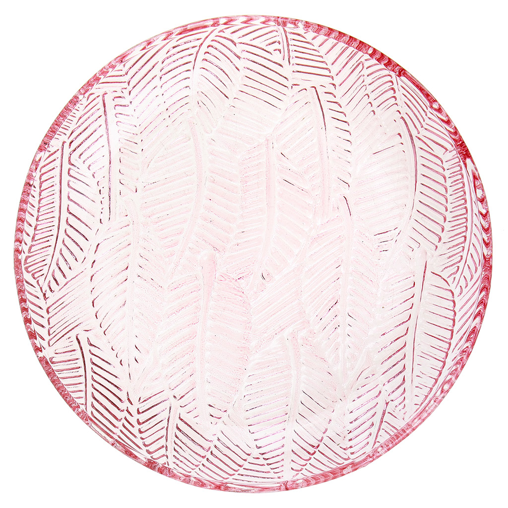 Тарелка мелкая стеклянная д175мм, h28мм, рельефное, цветное стекло, цвет - розовый "Листья"
