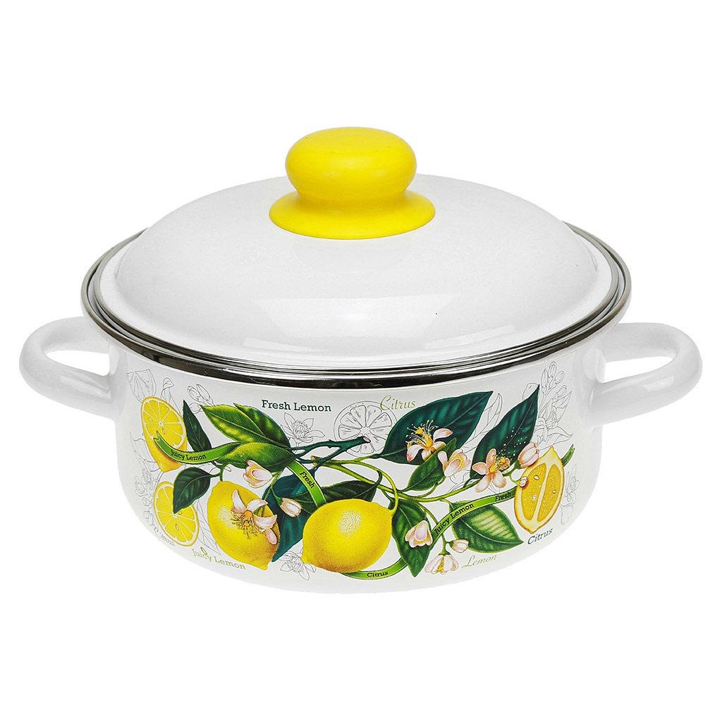 Кастрюля эмалированная 2л, д18см, h11,5см, цилиндрическая форма, металлическая крышка, белый (Россия) "Лимоны в цвету"