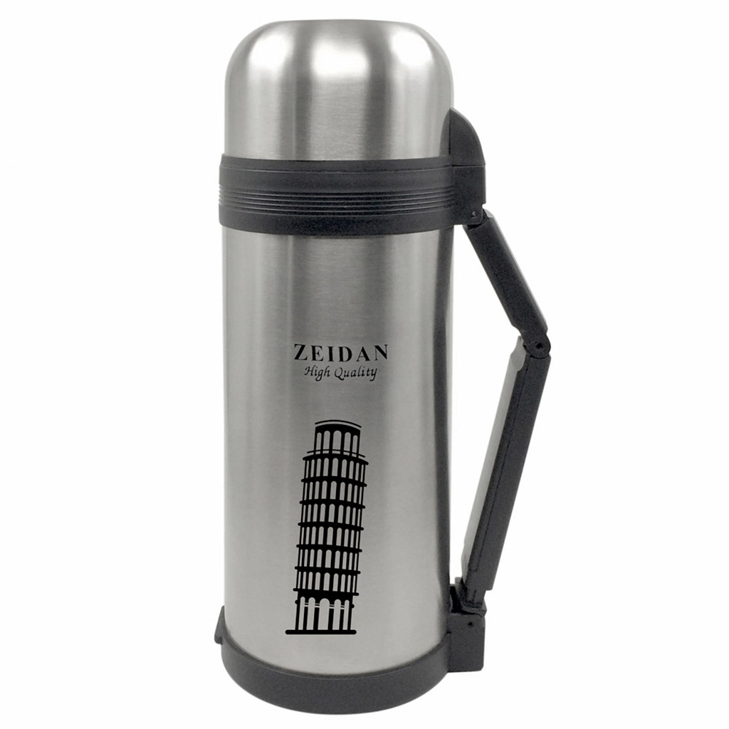 Термос из нержавеющей стали универсальное горло 1,8л, складная ручка, пластиковая чашка в комплекте, корпус с декором, подарочная коробка (Китай) "Zeidan"