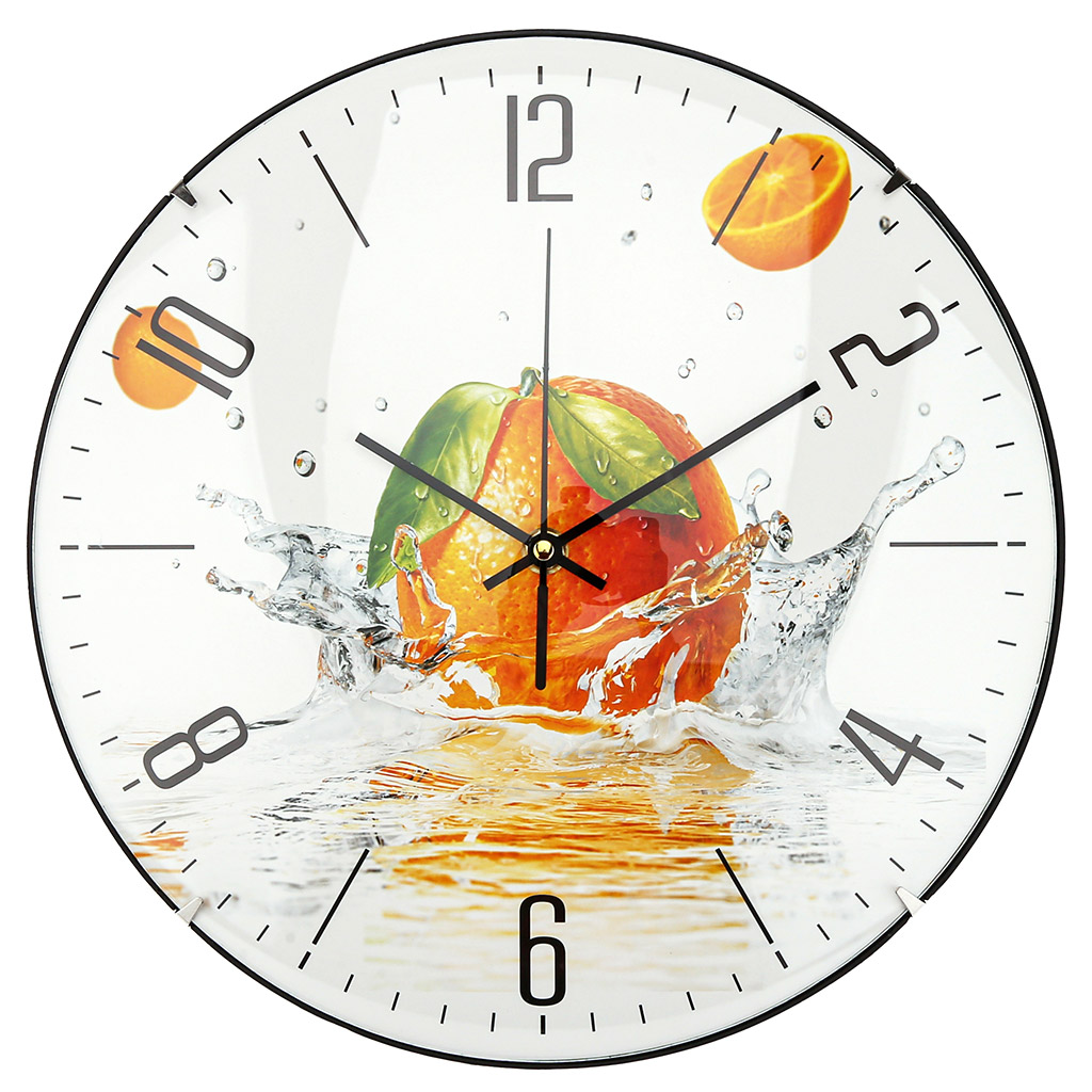 Часы настенные "Апельсин" д30х3,8см, циферблат фотопечать, пластм. черный без рамки, в коробке (Китай)