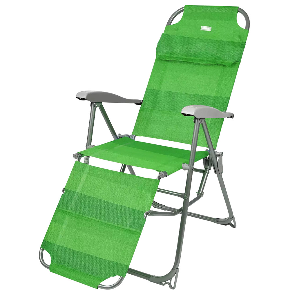 Кресло-шезлонг складное 82х59х1,16см, сиденье 37х44,5см, металлический каркас, ткань, 8 положений спинки, подставка под ноги, съемная подушка-подголовник, максимальная нагрузка 100кг, зеленый (Россия)
