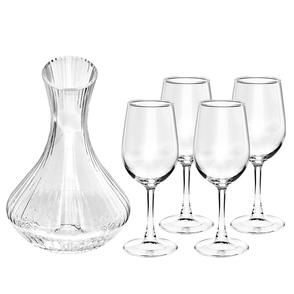 Набор стеклянный "Каберне" 5 предметов: декантер для вина 1,5л, д16,3см h24см, рельефное стекло, бокал 320мл, д7,4см, h20см - 4 штуки, в подарочной коробке (Китай)