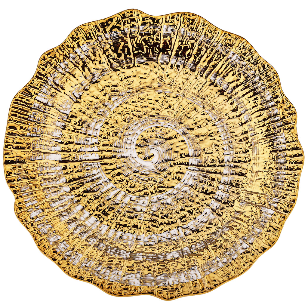 Тарелка "Золото" мелкая фарфоровая д250мм h25мм, интерьерная, рельефный декор, с золотом, волнистый край (Китай)