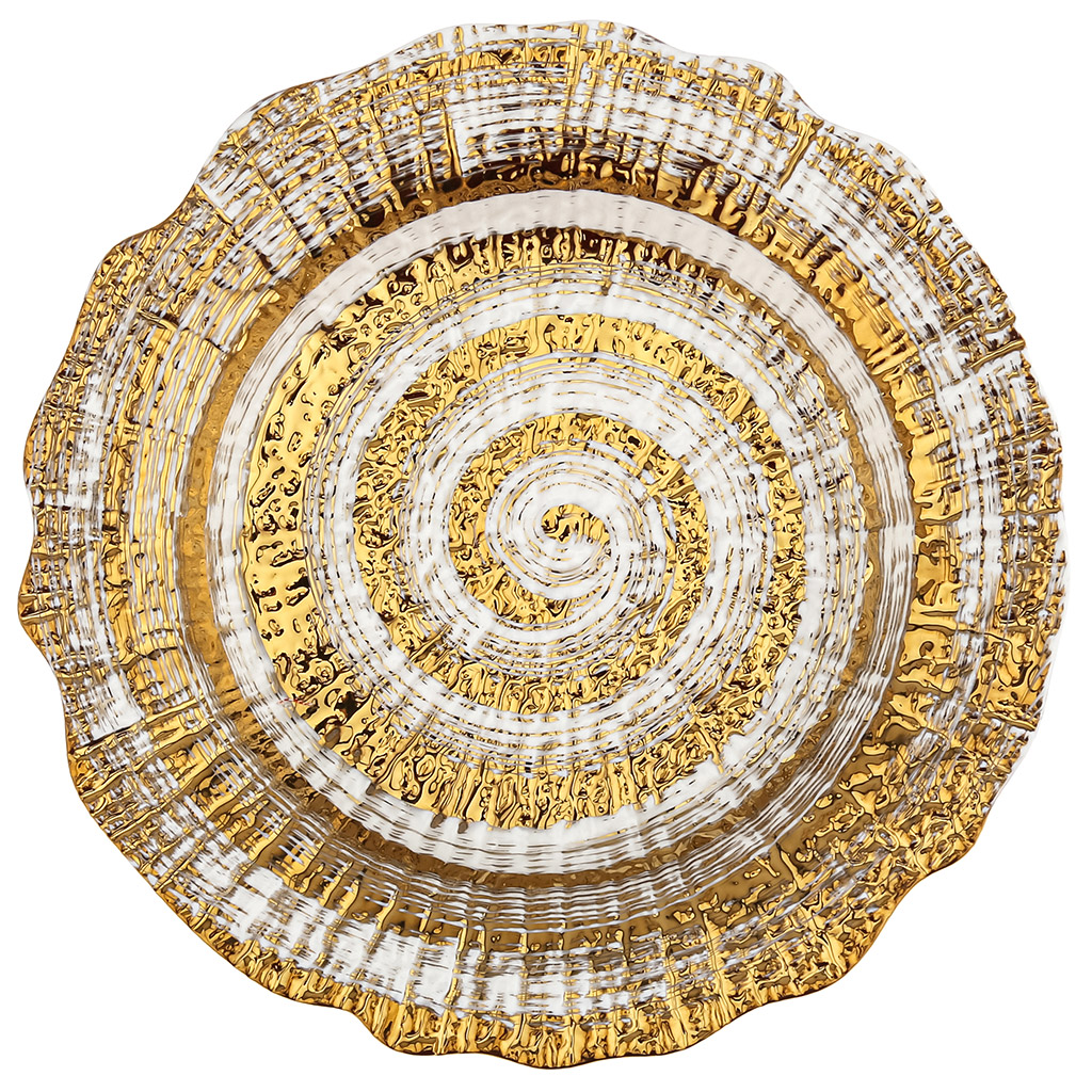 Тарелка "Золото" глубокая фарфоровая д225мм h40мм, 520мл, интерьерная, рельефный декор, с золотом, волнистый край (Китай)