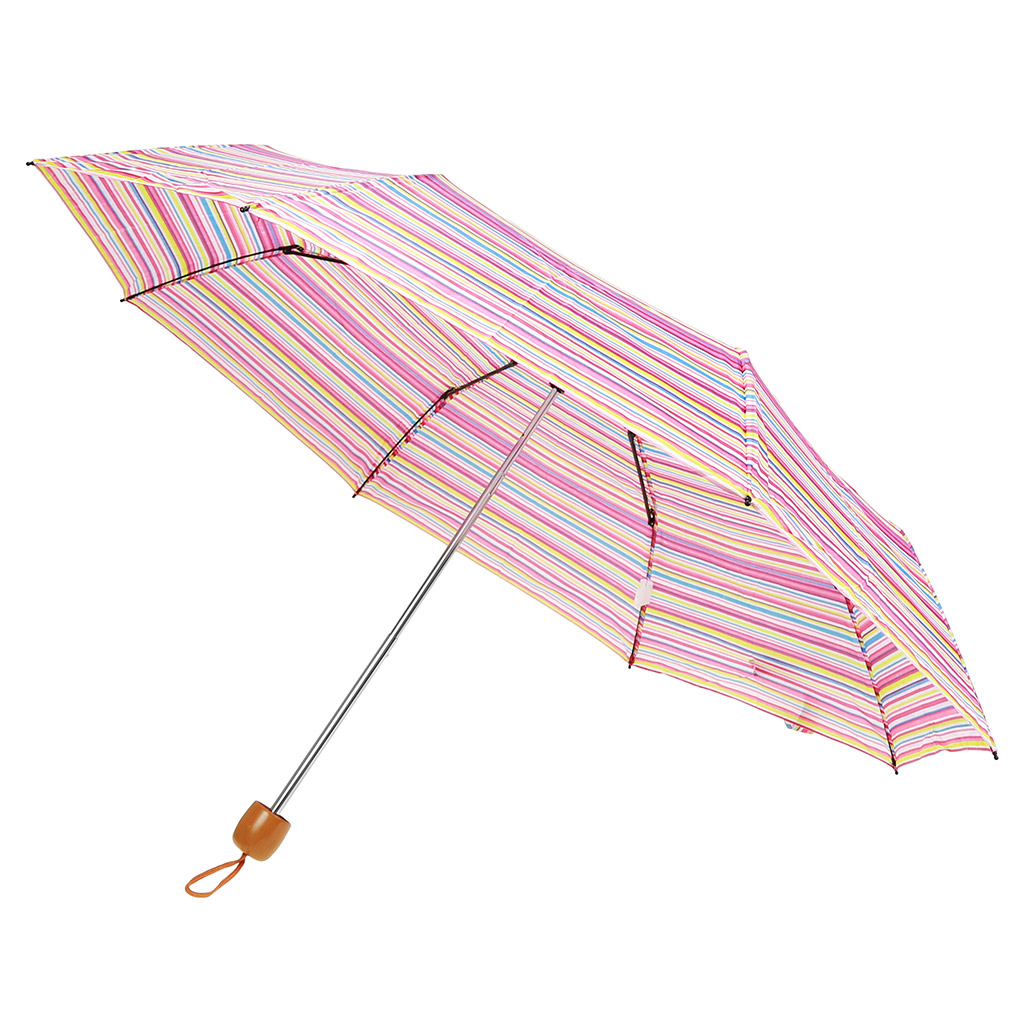 Зонт механический "Полоски" плащевка, 8 лучей, д/купола 96см, 3 сложения, 24см в сложенном виде, пластмассовая ручка, салатово-розовый, 210гр (Китай)