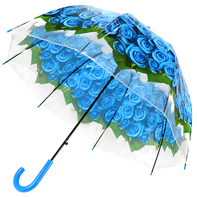 Зонт-трость полуавтомат "Розы" ПВХ, фотопечать, 8 лучей, д/купола 78см, 80см в сложенном виде, пластмассовая ручка, прозрачный, синий, 360гр (Китай)
