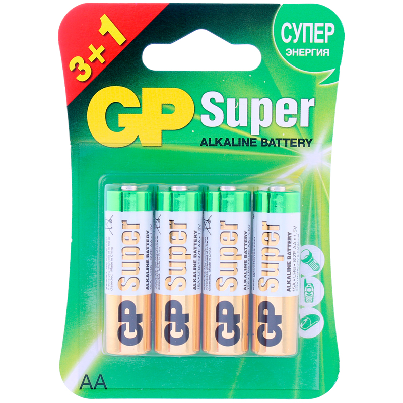 Батарейка GP Super AA/LR6 15A алкалиновая, BC4 (промо 3+1)