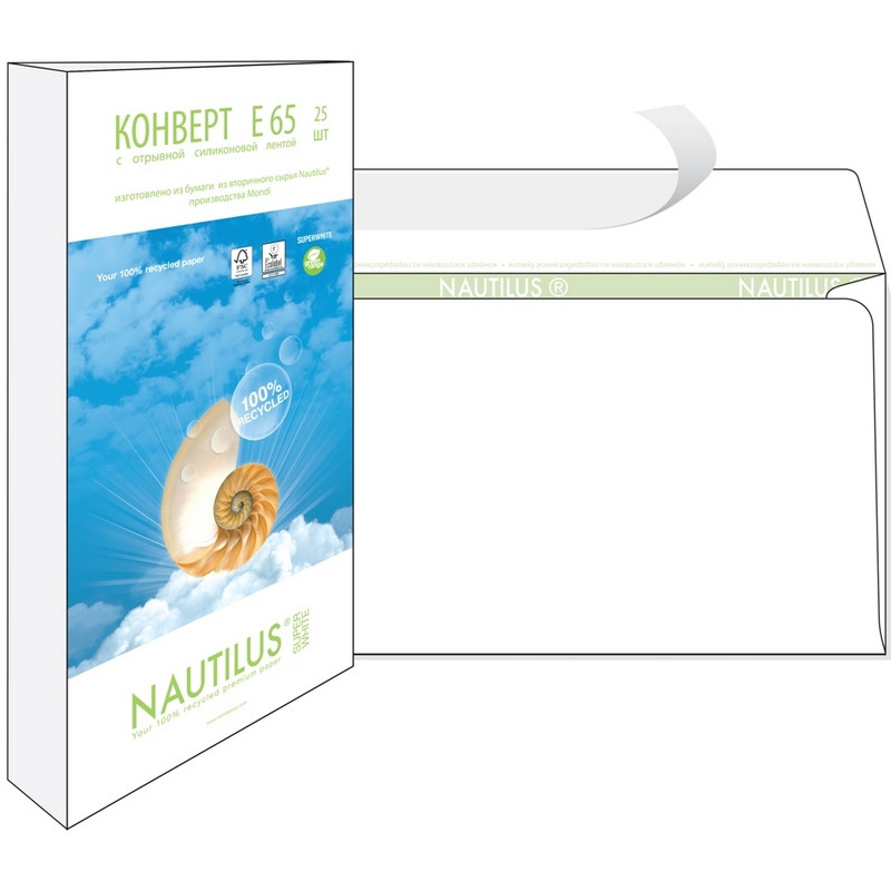 Конверты Nautilus, ЭКО,Е65(110х220мм),стрип, 80г/м2, 25шт/уп