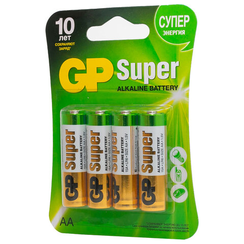 Батарейки GP Super, AA (LR6,15А), алкалиновые, пальчиковые, КОМПЛЕКТ 4 шт, ПРОМО 3+1, 15A3/1-2CR4