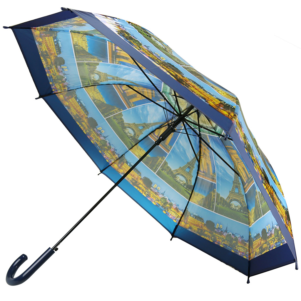 Зонт-трость полуавтомат "Города" "Париж" ПВХ, 8 лучей, для купола 98см, 80см в сложенном виде, пластмассовая ручка, синий, 370гр (Китай)