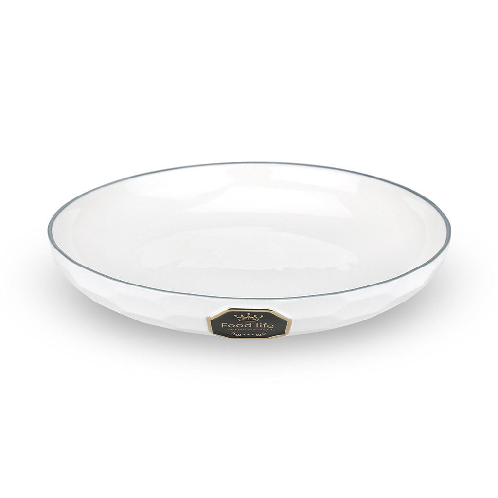"Фуд лайф (Food life)" Тарелка глубокая фарфоровая 200мм h39мм, 700мл, цвет белый с отводкой/серый, с декором (Китай)