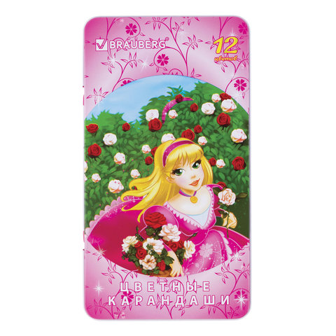 Карандаши цветные BRAUBERG Rose Angel, 12 цветов, металлическая упаковка, 180544
