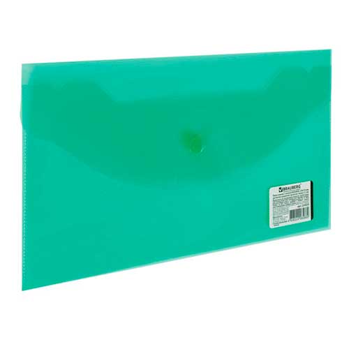 Папка-конверт с кнопкой BRAUBERG, 250х135 мм, прозрачная, зеленая, 0,15 мм
