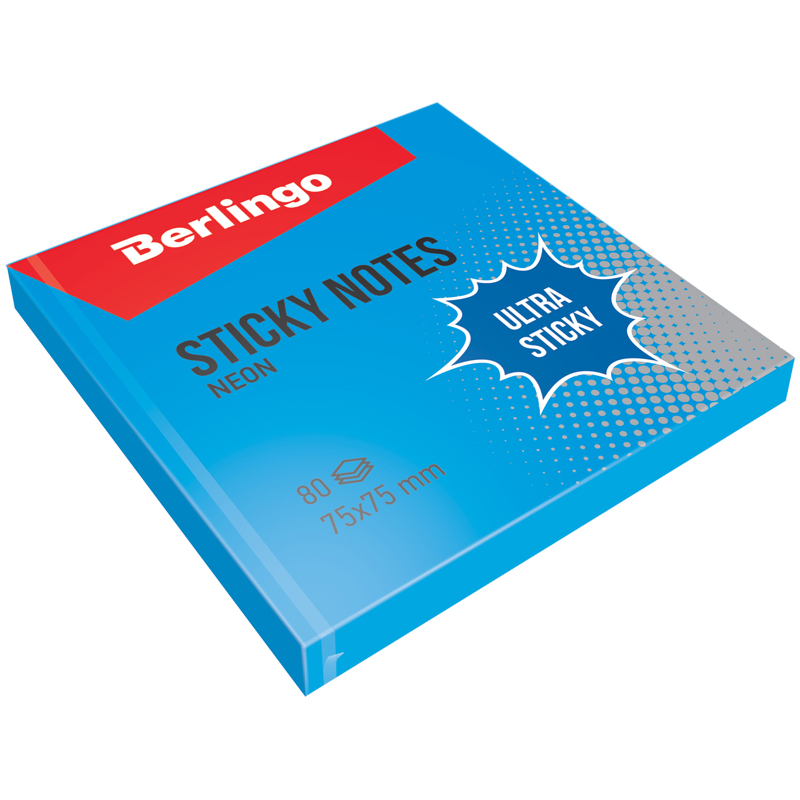 Самоклеящийся блок Berlingo Ultra Sticky, 75*75мм, 80л, синий неон