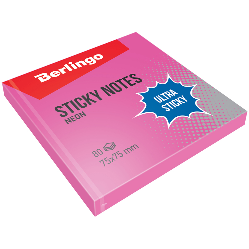 Самоклеящийся блок Berlingo Ultra Sticky, 75*75мм, 80л, розовый неон