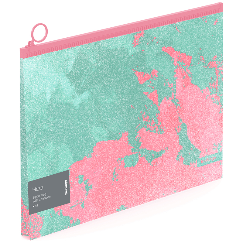 Папка-конверт на молнии с расширением Berlingo Haze, 180мкм, мятная/розовая, с рисунком, с эффектом блесток
