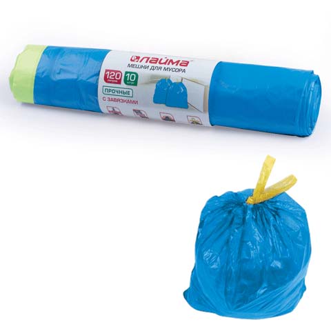 Мешки для мусора с завязками 120 л. синие, в рулоне 10 шт., прочные, ПВД 35 мкм, 67х90 см, LAIMA, 601399
