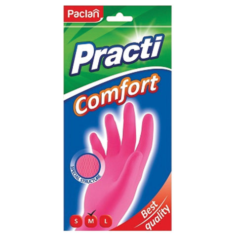 Перчатки хозяйственные латексные, хлопчатобумажное напыление, размер M (средний), розовые, PACLAN Practi Comfort, 407271